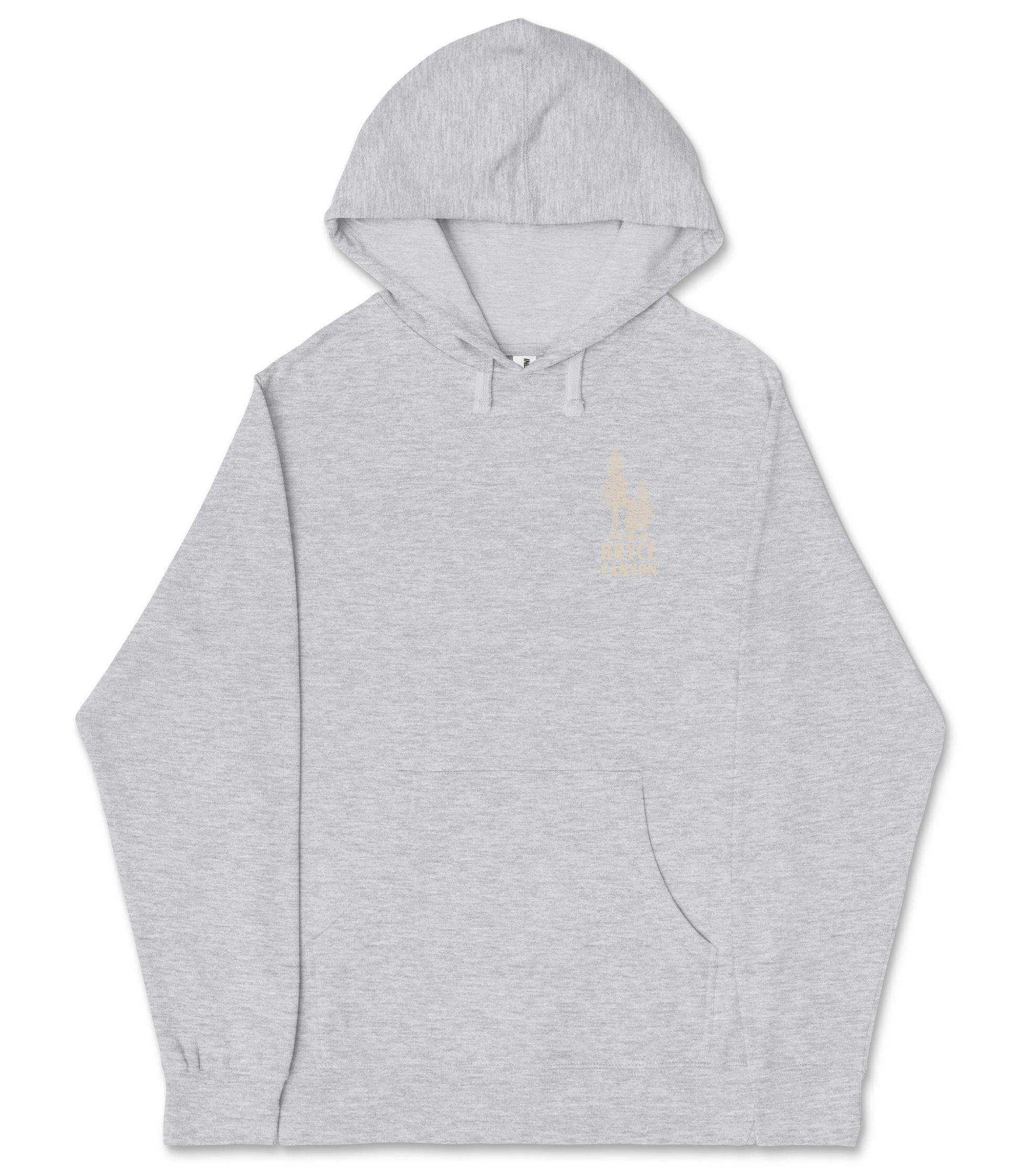 A gray hooded sweatshirt with a small logo on the left side.