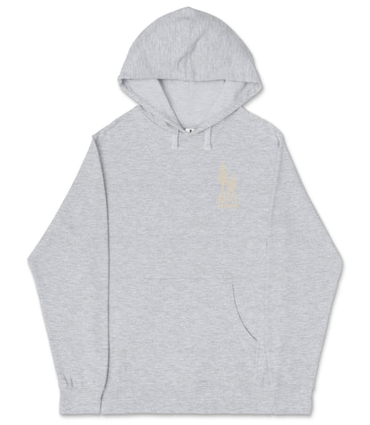 A gray hooded sweatshirt with a small logo on the left side.