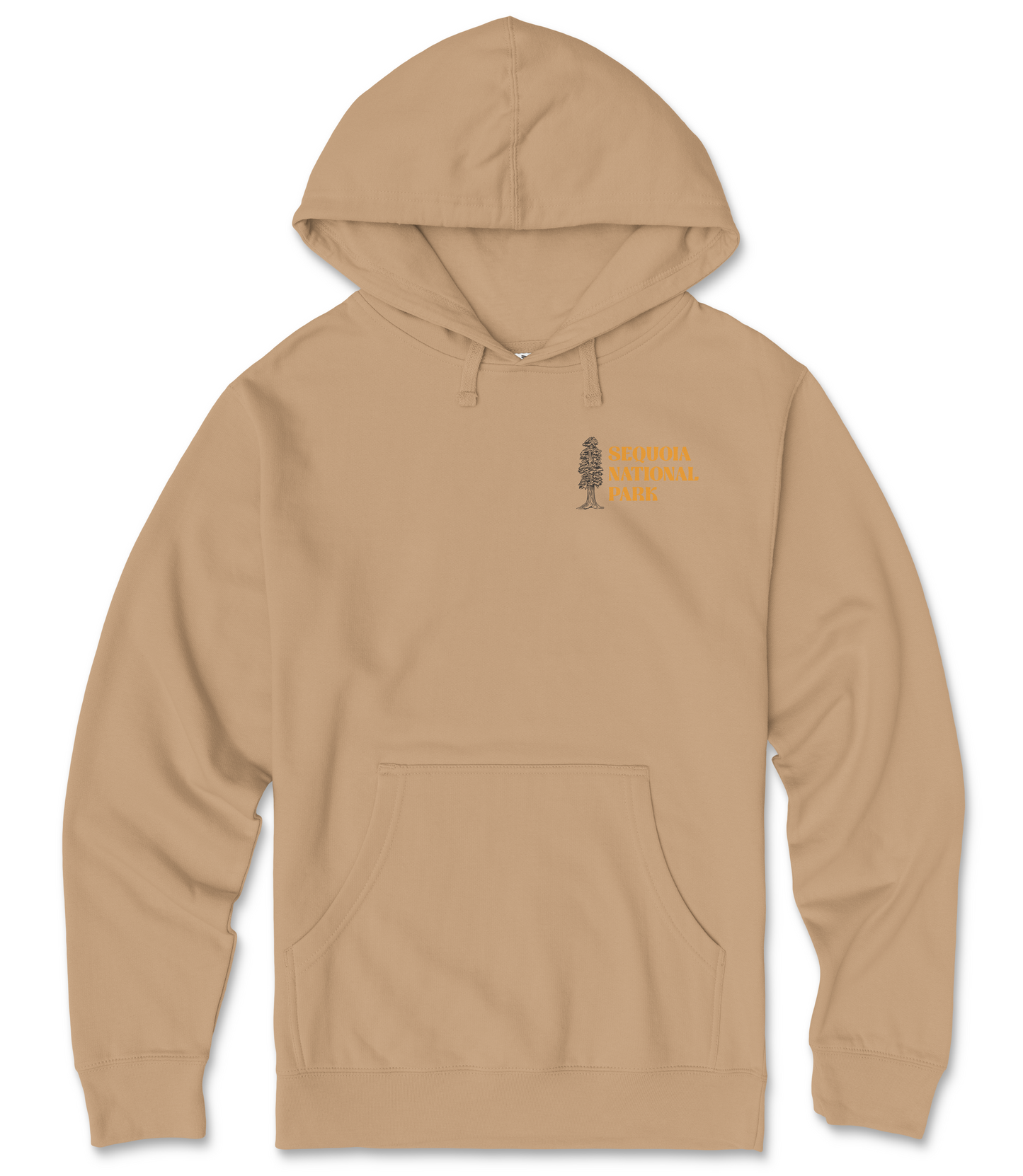 A beige hooded sweatshirt with a graphic of a tree on the left chest area and the text "Sierra Nevada National Park" printed on the right chest area.