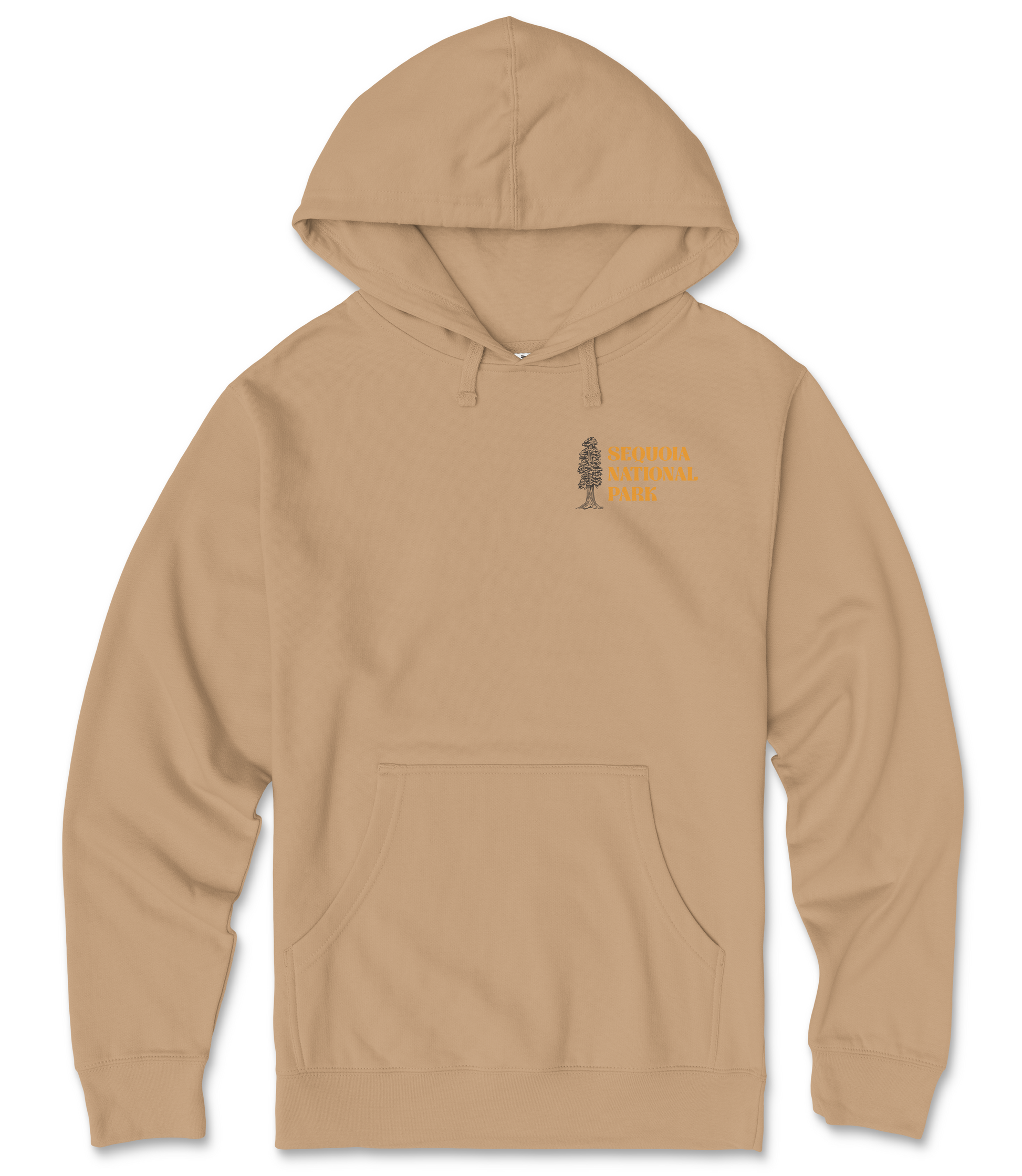 A beige hooded sweatshirt with a graphic of a tree on the left chest area and the text "Sierra Nevada National Park" printed on the right chest area.