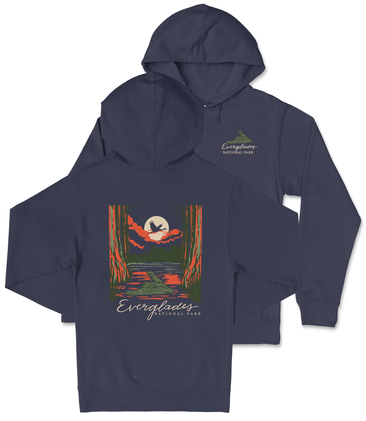 A navy blue hooded sweatshirt with a graphic design depicting a sunset over Everglades National Park.