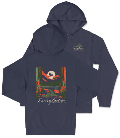 A navy blue hooded sweatshirt with a graphic design depicting a sunset over Everglades National Park.
