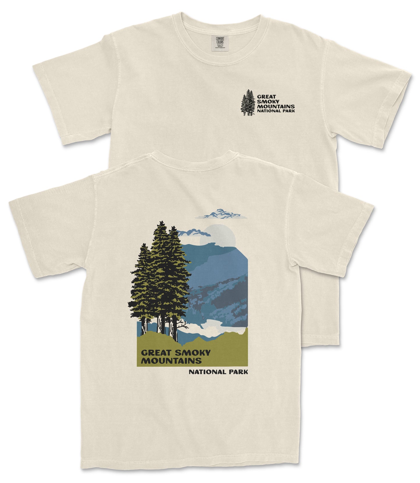 a white t-shirt with a graphic design depicting a mountain landscape with pine trees and mountains. The text on the t-shirt reads "GREAT SMOKY MOUNTAINS NATIONAL PARK".