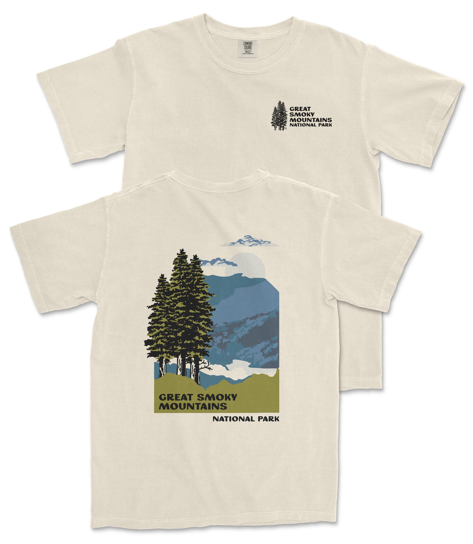 a white t-shirt with a graphic design depicting a mountain landscape with pine trees and mountains. The text on the t-shirt reads "GREAT SMOKY MOUNTAINS NATIONAL PARK".