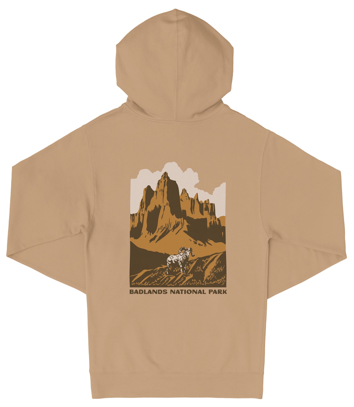 a beige hoodie with a graphic design depicting a mountain landscape and a person riding a horse. The text "Badlands National Park" is printed below the graphic.