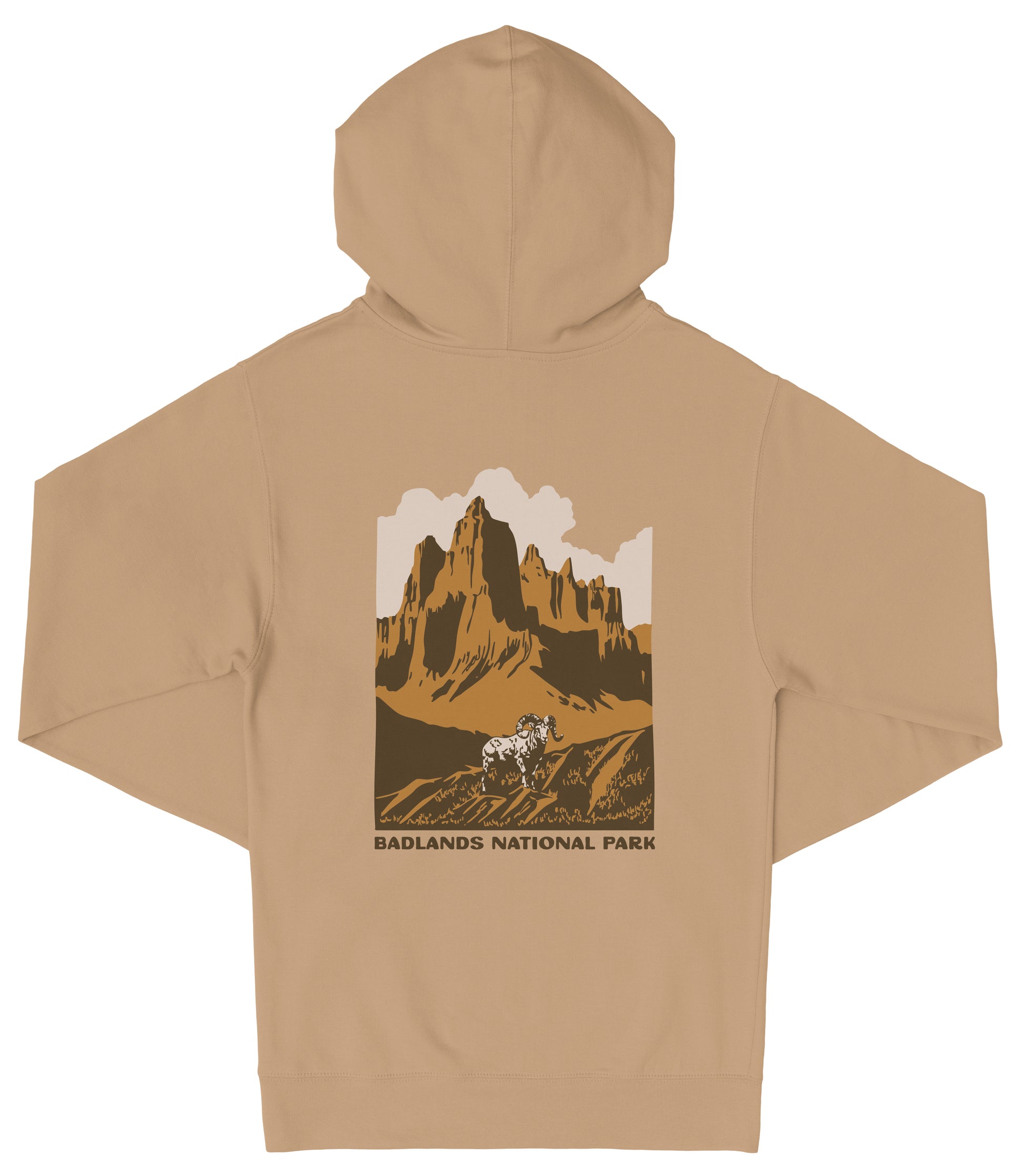 a beige hoodie with a graphic design depicting a mountain landscape and a person riding a horse. The text "Badlands National Park" is printed below the graphic.
