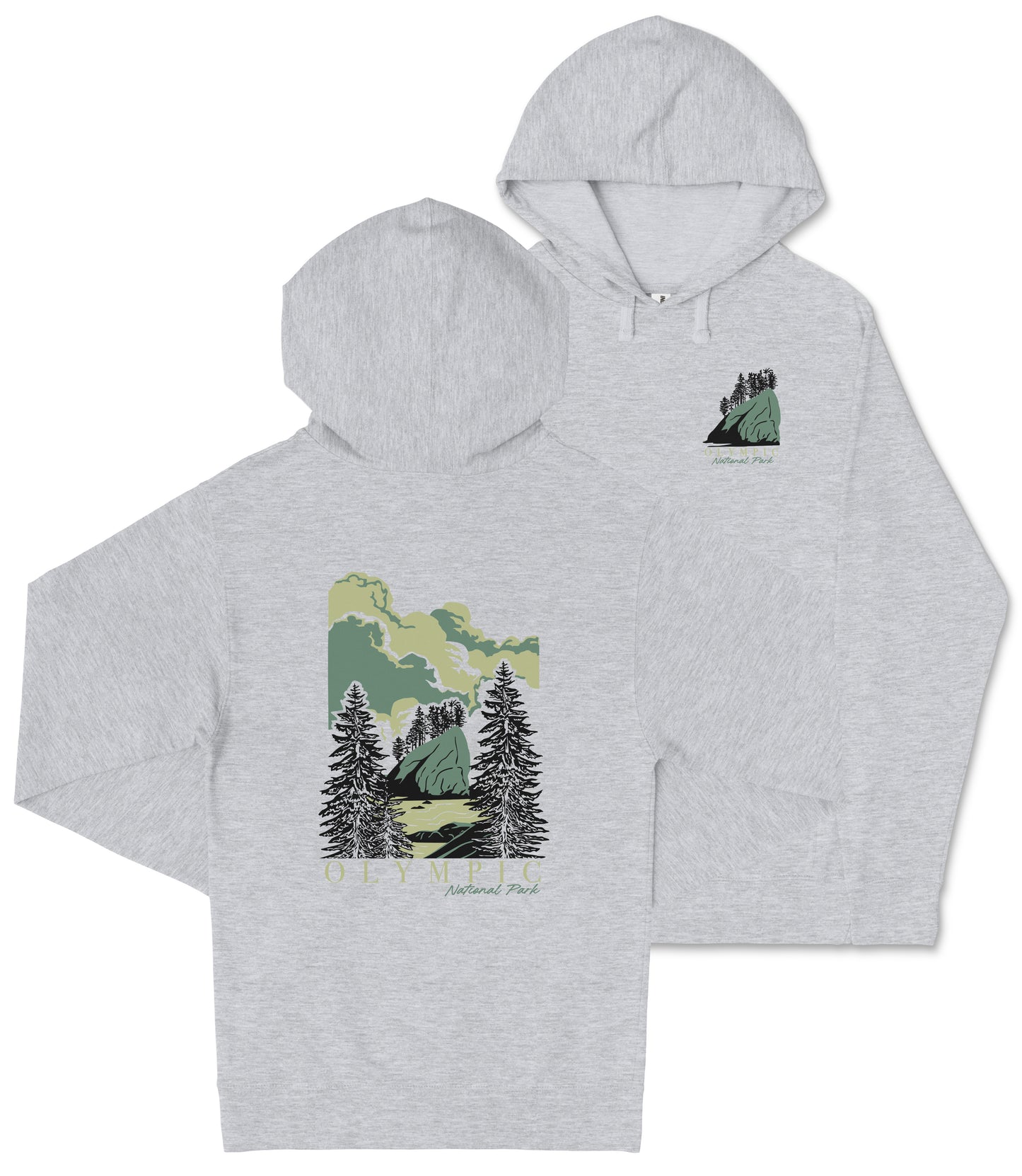 A gray hooded sweatshirt with a graphic design depicting a forest scene with pine trees and a mountain landscape.