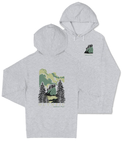 A gray hooded sweatshirt with a graphic design depicting a forest scene with pine trees and a mountain landscape.