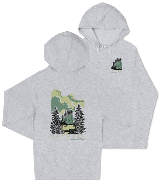 A gray hooded sweatshirt with a graphic design depicting a forest scene with pine trees and a mountain landscape.