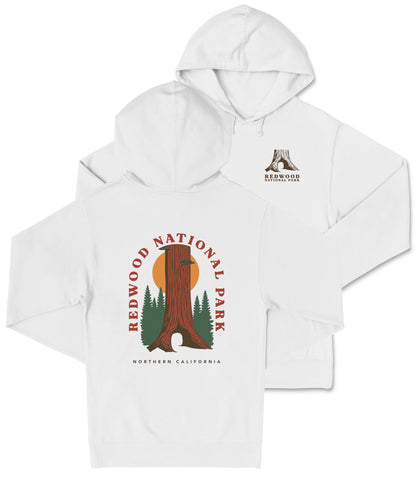 A white hooded sweatshirt with a graphic design featuring a redwood tree and the text "REDWOOD NATIONAL PARK NORTHERN CALIFORNIA".