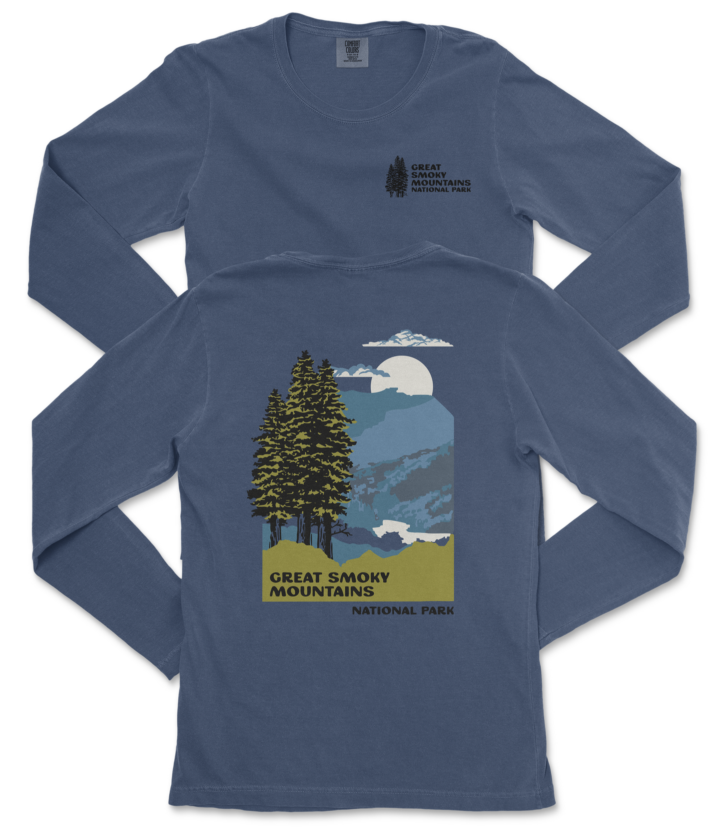 a blue long-sleeved t-shirt with a graphic design depicting a mountain landscape with pine trees, a full moon, and clouds. The text on the t-shirt reads "Great Smoky Mountains National Park" and "National Park".