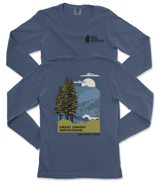 a blue long-sleeved t-shirt with a graphic design depicting a mountain landscape with pine trees, a full moon, and clouds. The text on the t-shirt reads "Great Smoky Mountains National Park" and "National Park".