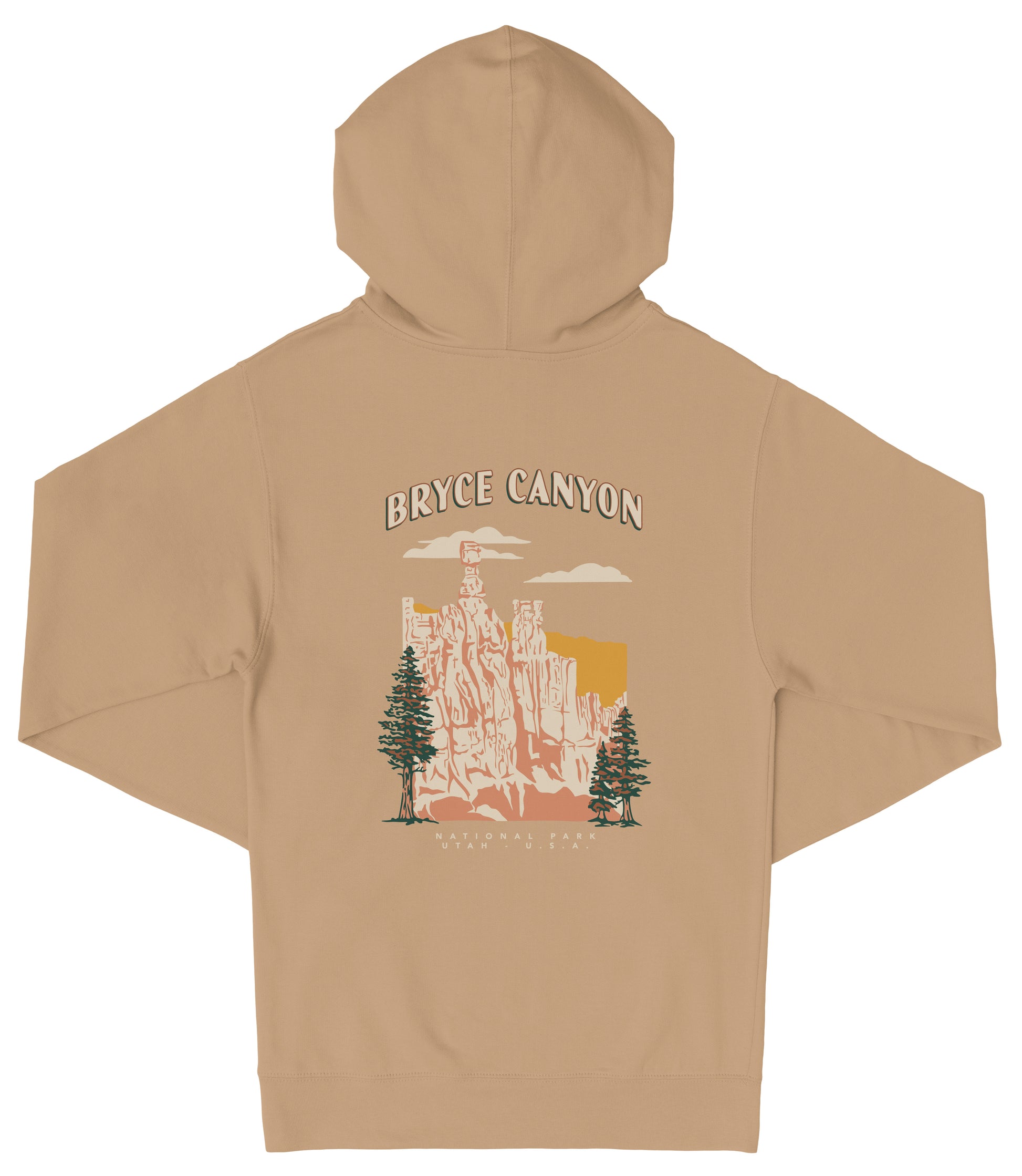 A beige hooded sweatshirt with a graphic design depicting the Bryce Canyon National Park.