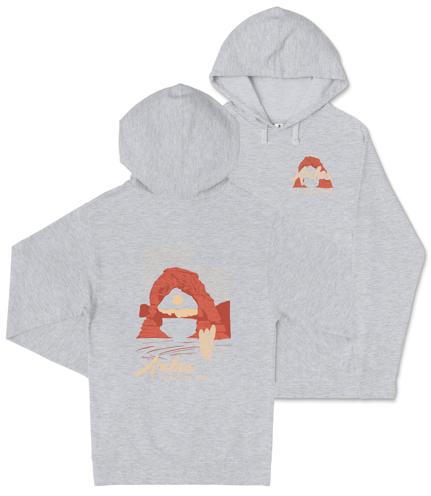 A gray hooded sweatshirt with a graphic design depicting a desert landscape with a red rock formation and a small figure.