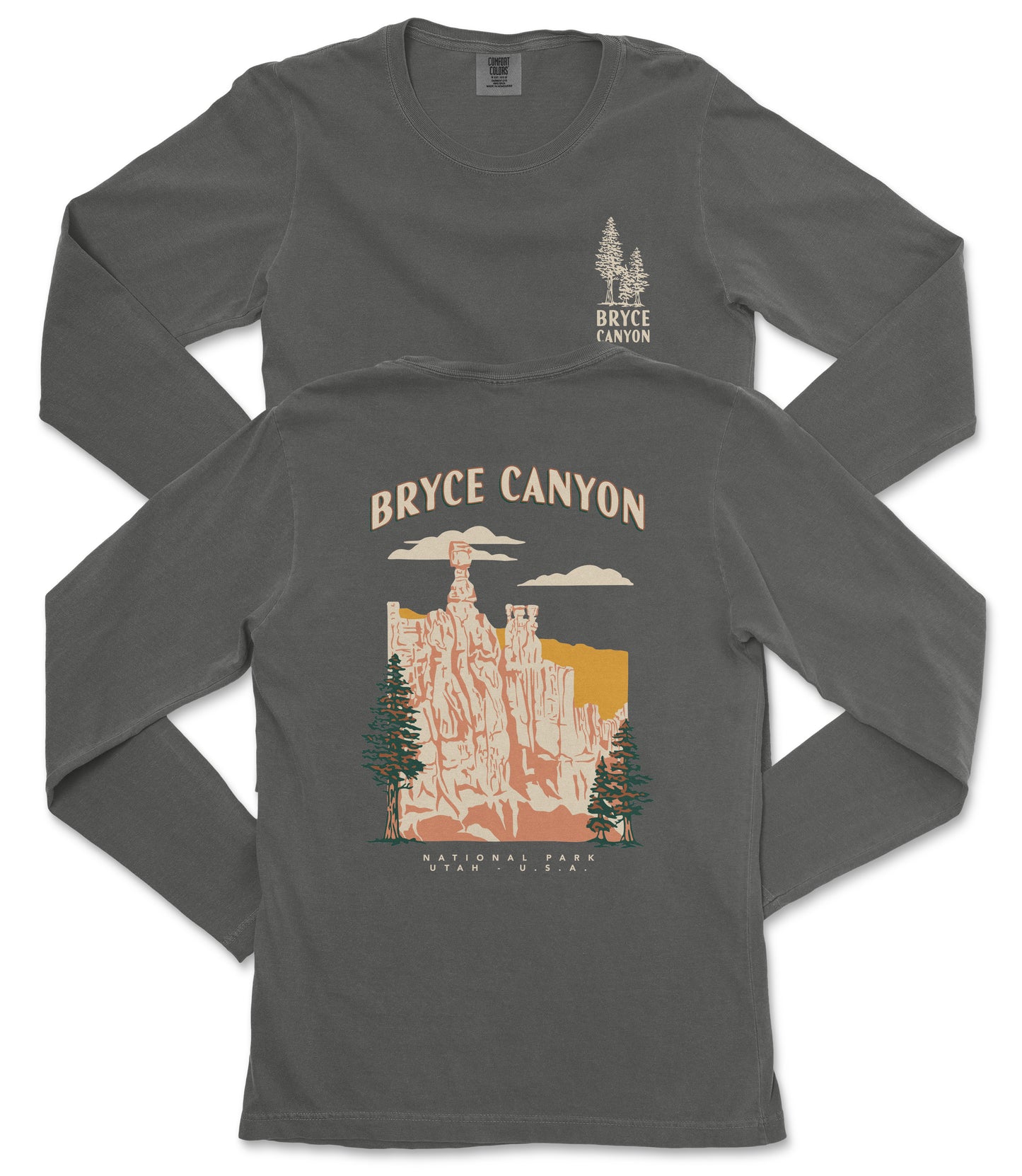 a gray long-sleeved t-shirt with a graphic design depicting Bryce Canyon National Park in the United States.