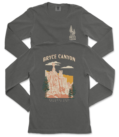 a gray long-sleeved t-shirt with a graphic design depicting Bryce Canyon National Park in the United States.