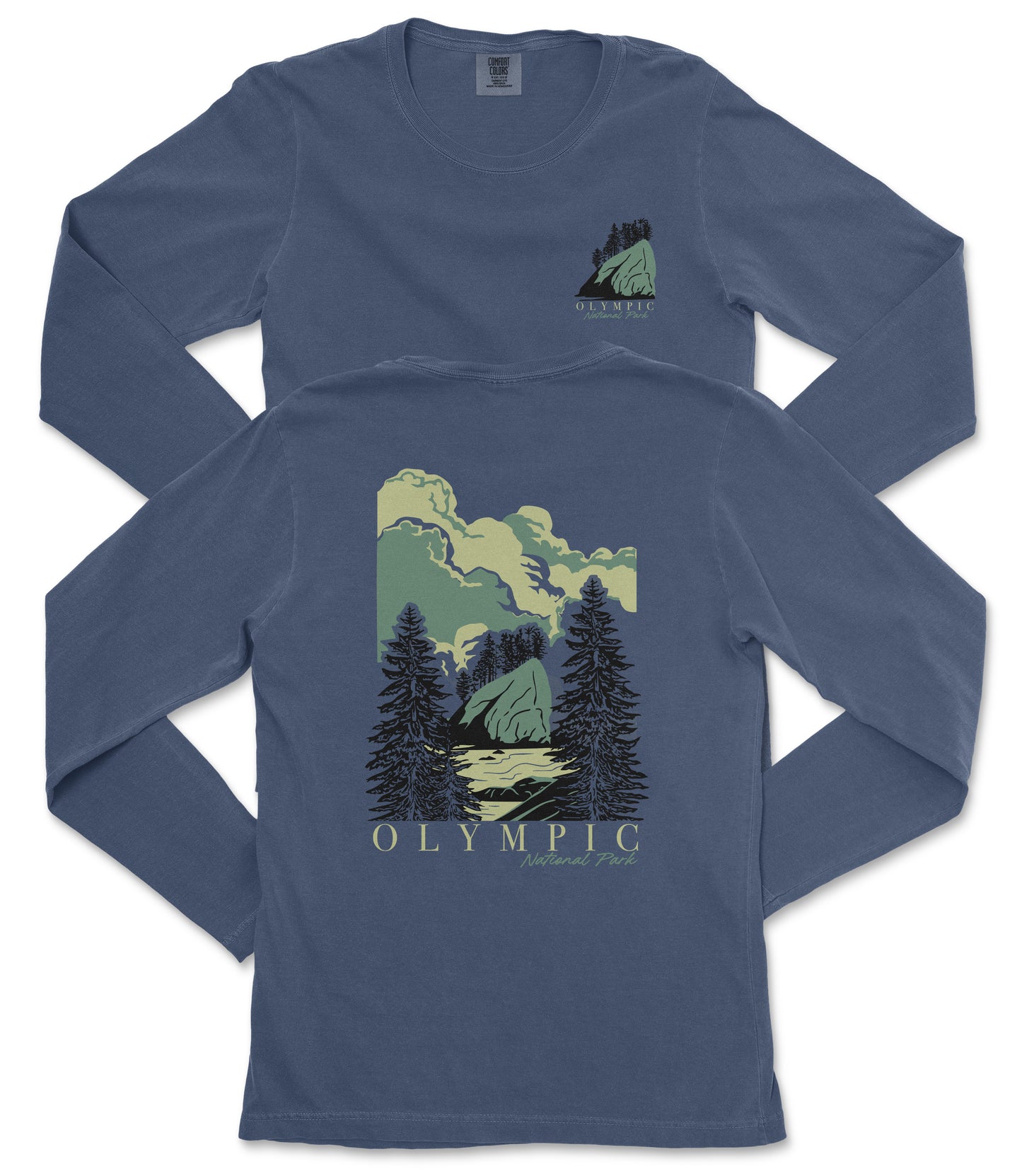 A long-sleeved blue t-shirt with a graphic design depicting a mountain landscape with pine trees and clouds.