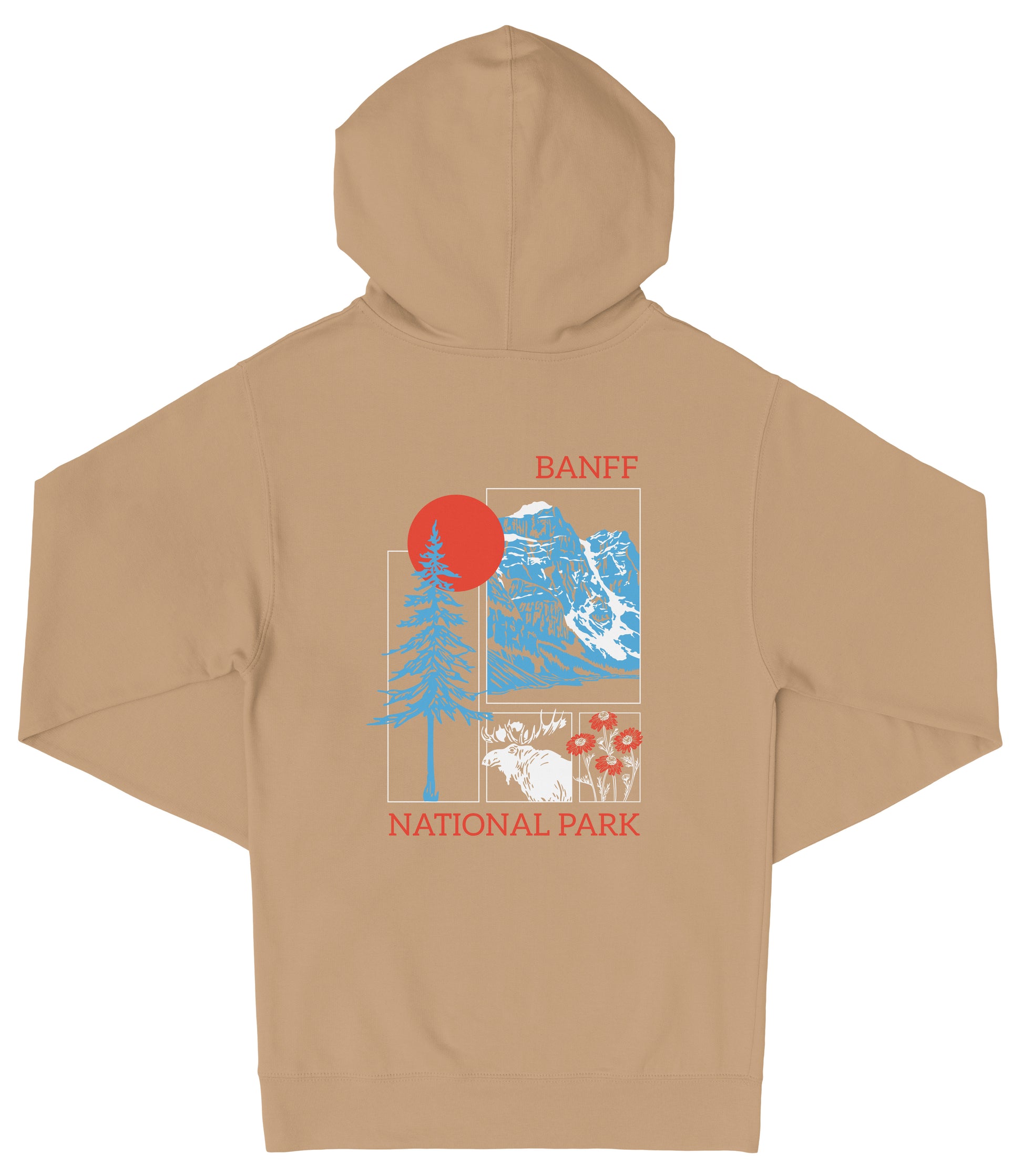 A beige hooded sweatshirt with a graphic design featuring a mountain landscape, a sun, and a moose.