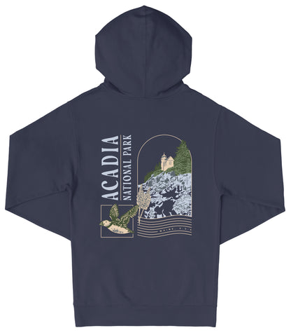 A navy blue hooded sweatshirt with a graphic design featuring a mountain landscape, a bird, and text that reads "ACADIA NATIONAL PARK".