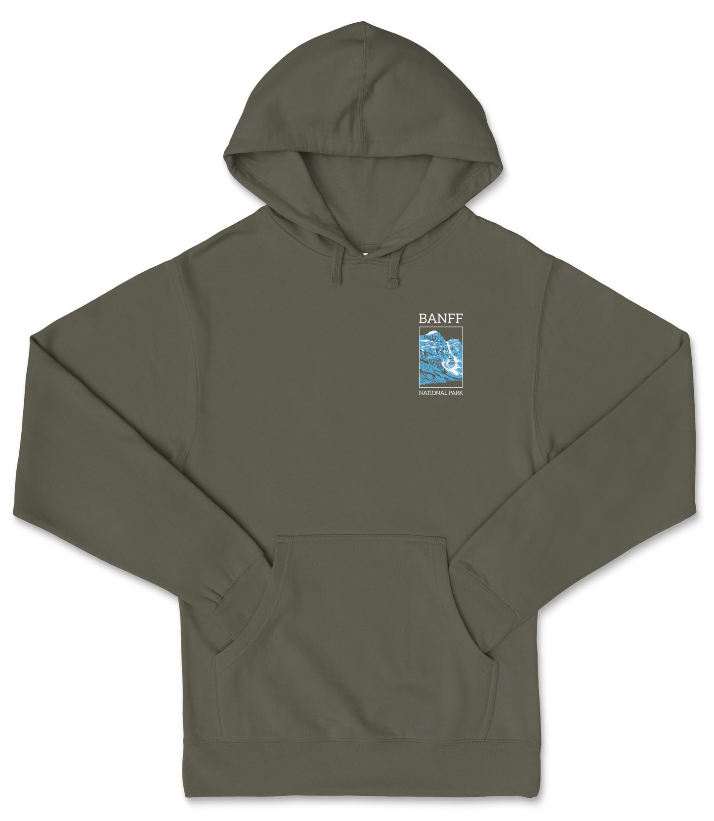 A gray hooded sweatshirt with a small blue square logo on the left side.