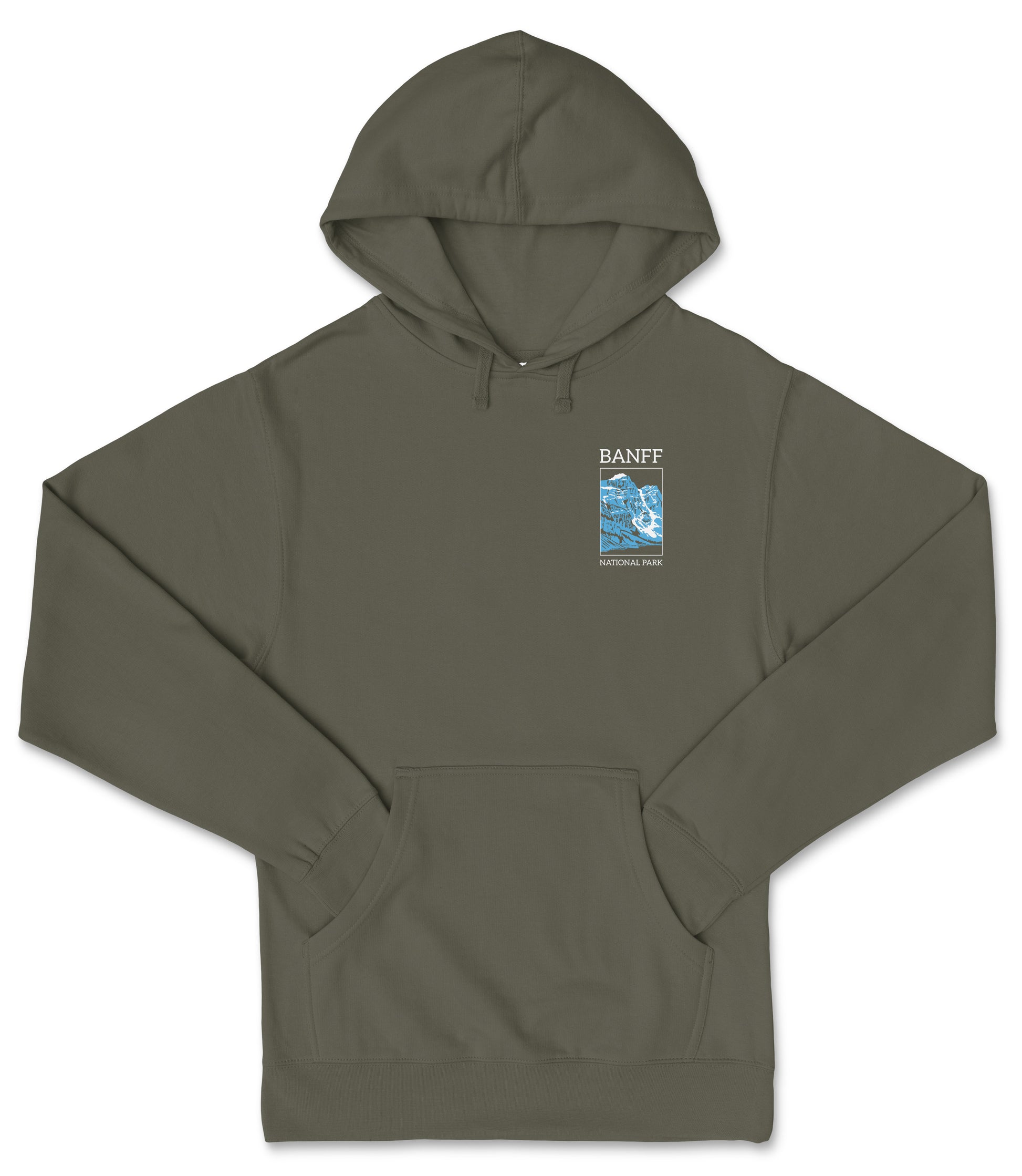 A gray hooded sweatshirt with a small blue square logo on the left side.