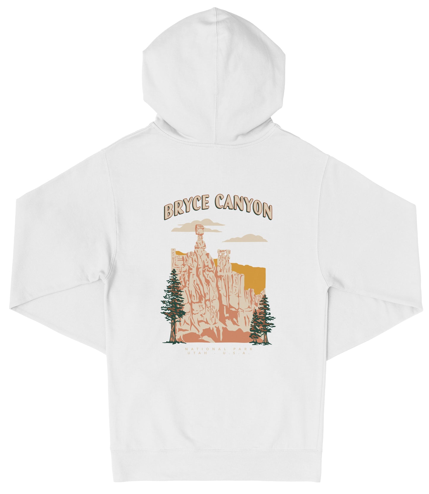 A white hooded sweatshirt with a graphic design depicting the Bryce Canyon National Park in the United States.