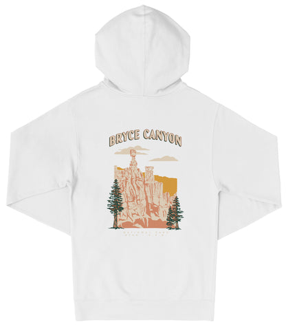 A white hooded sweatshirt with a graphic design depicting the Bryce Canyon National Park in the United States.