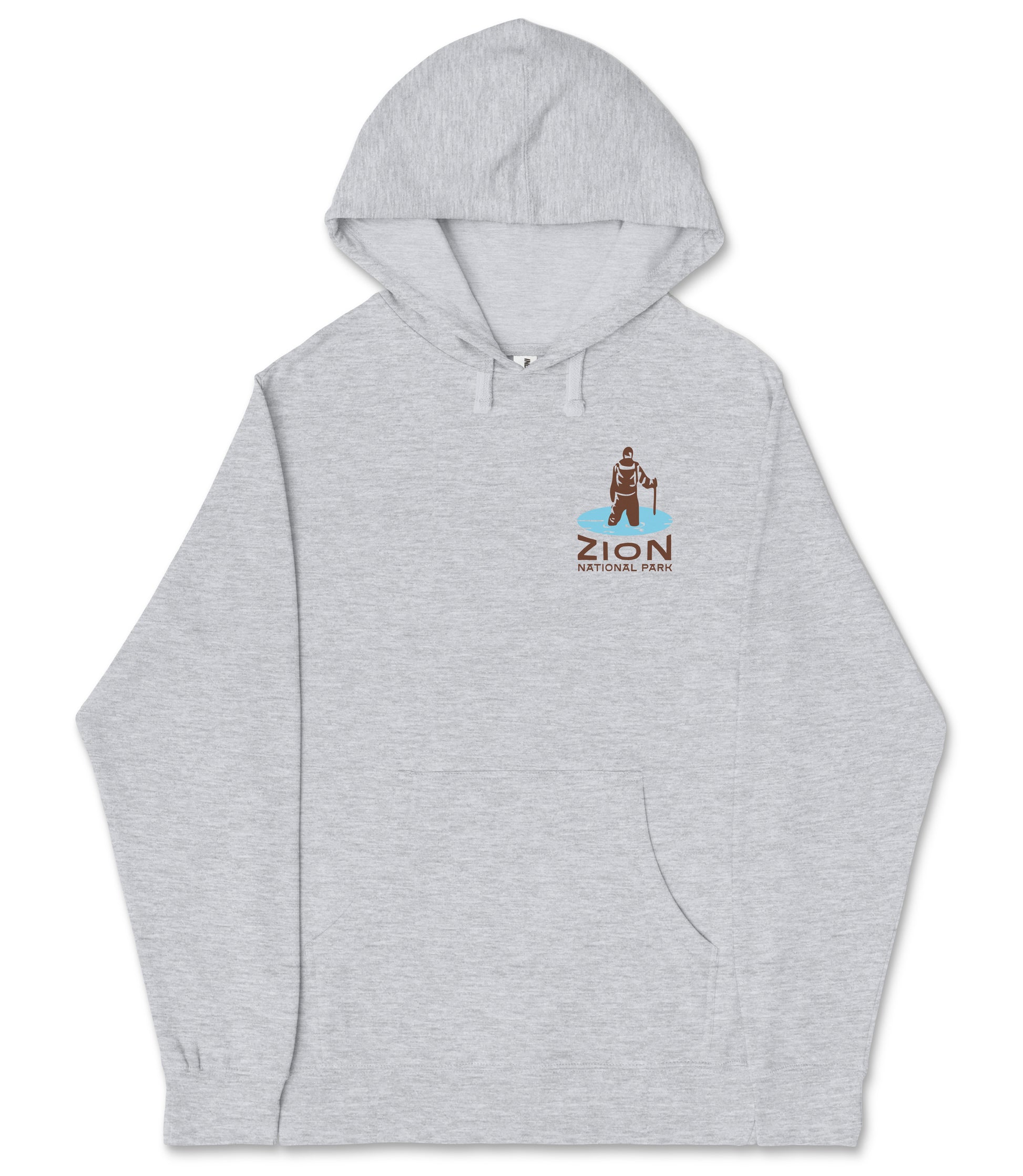 A gray hooded sweatshirt with a logo on the front.