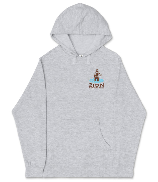 A gray hooded sweatshirt with a logo on the front.