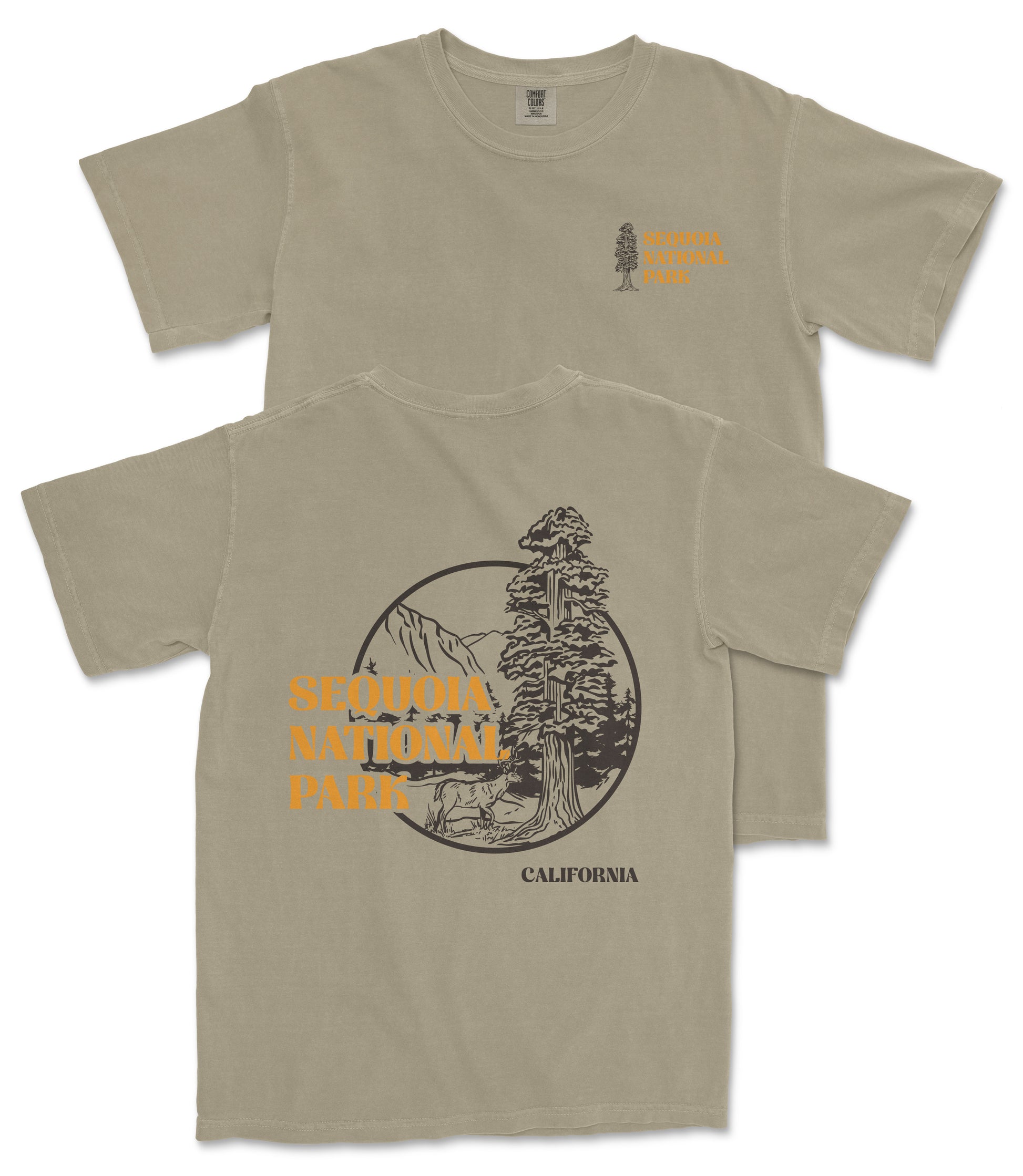 a beige t-shirt with a graphic design and text related to the national park of Sequoia National Park in California.