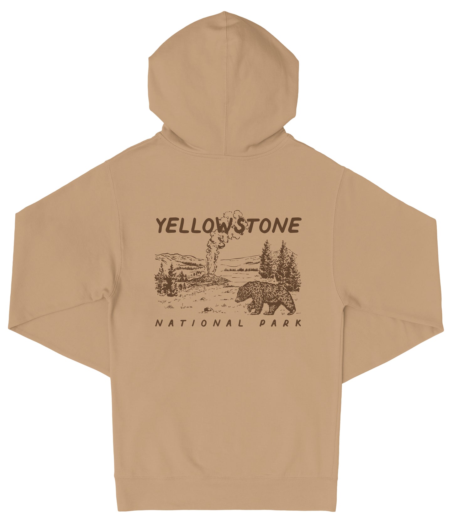 A beige hooded sweatshirt with a graphic design depicting a landscape with a bear and trees, along with the text "Yellowstone National Park" printed on the back.