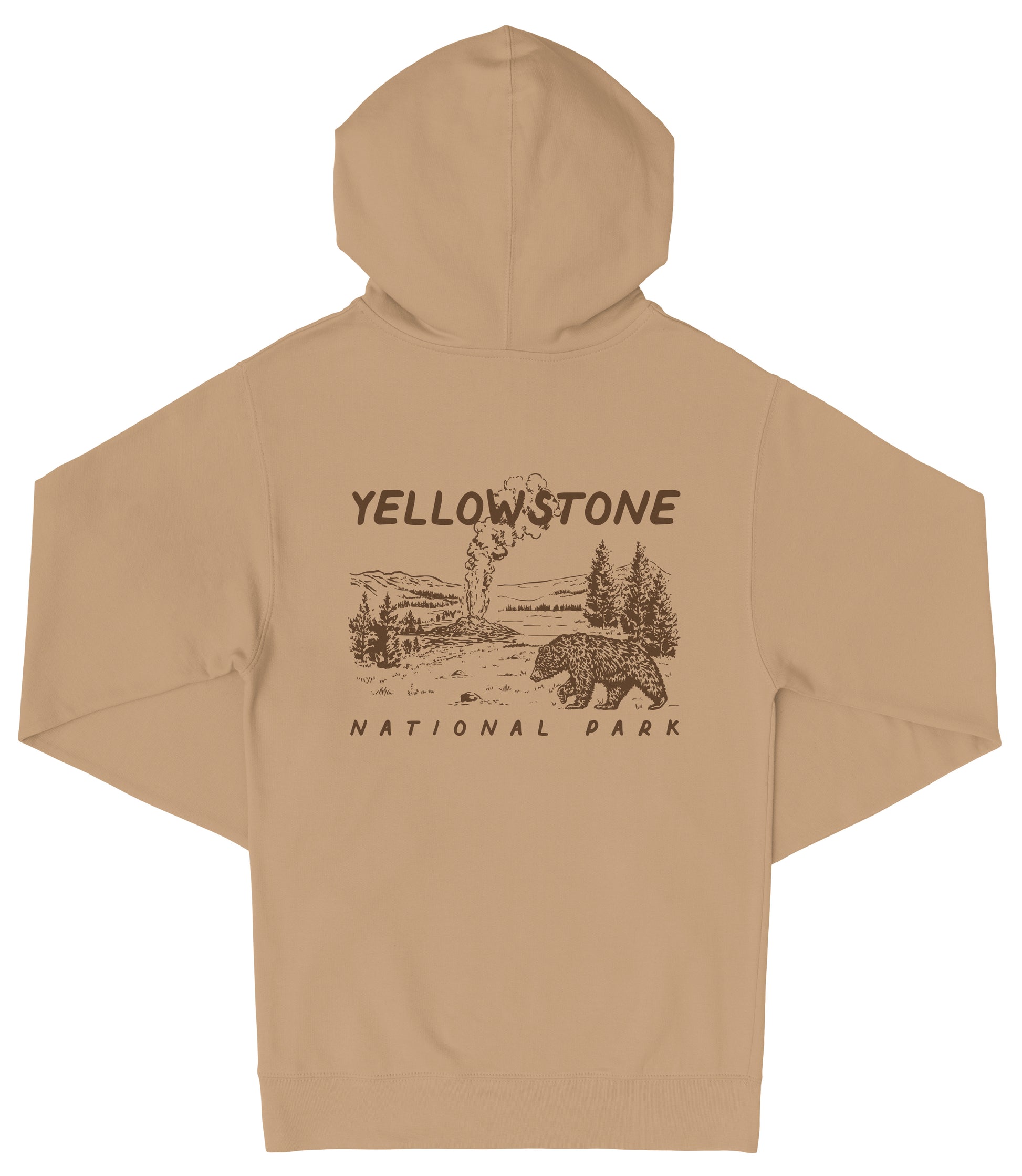 A beige hooded sweatshirt with a graphic design depicting a landscape with a bear and trees, along with the text "Yellowstone National Park" printed on the back.