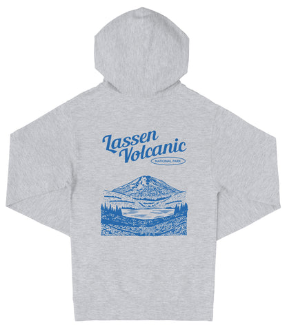 A gray hooded sweatshirt with a graphic design depicting a mountain landscape and a lake.