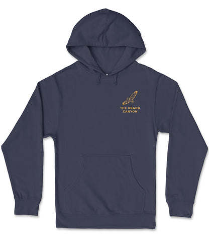 A navy blue hooded sweatshirt with a graphic design on the left side.