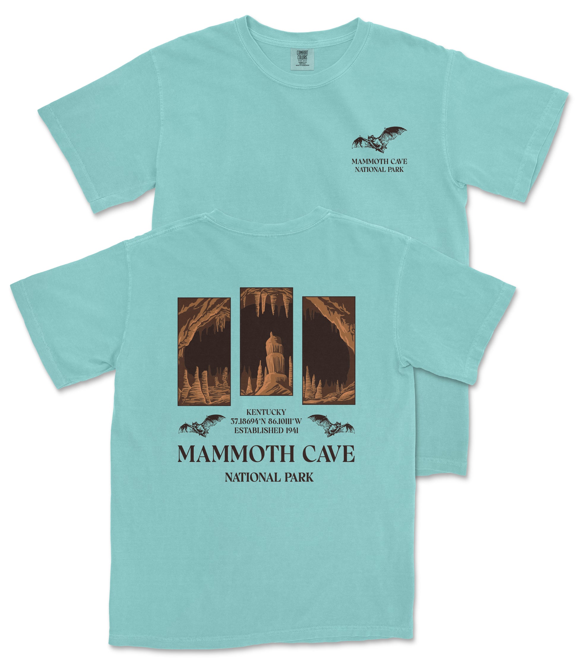 A light blue t-shirt with a graphic design depicting the Mammoth Cave National Park in Kentucky.