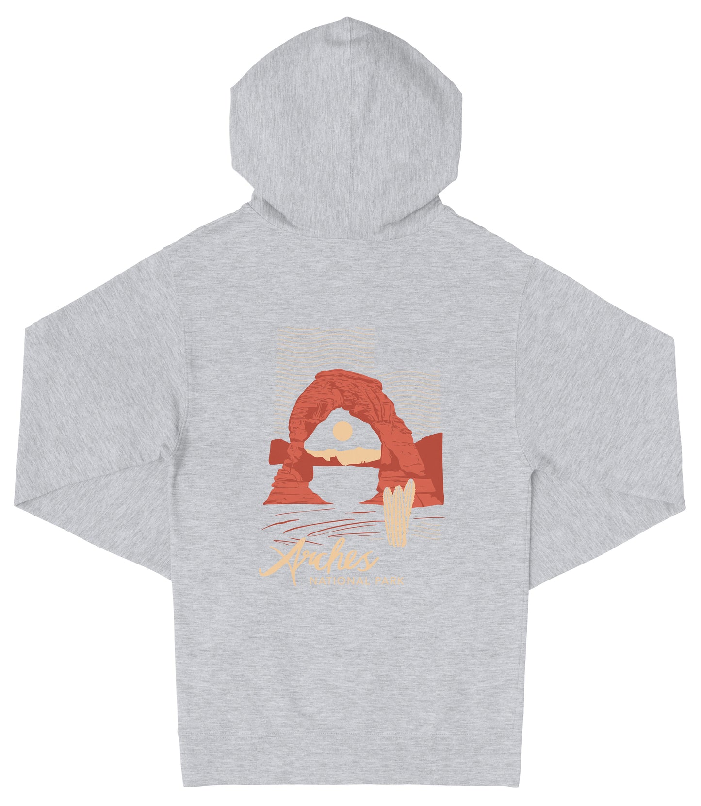 A gray hooded sweatshirt with a graphic design depicting a desert landscape with a red arch formation and a yellow sun in the background.