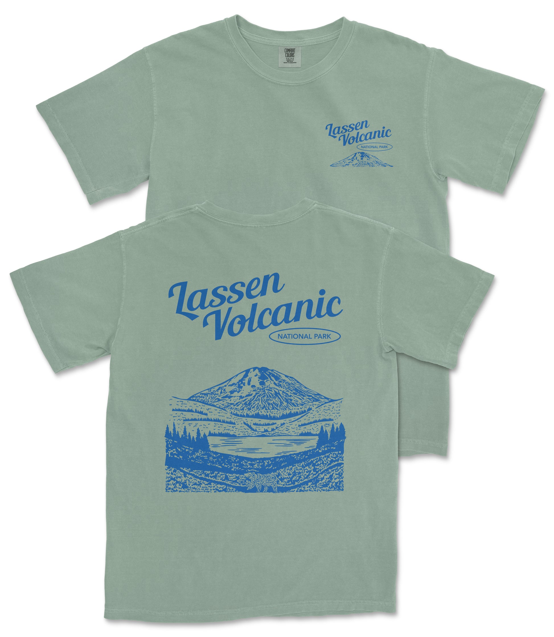 A green t-shirt with a graphic design depicting a mountain landscape and the text "Lassen Volcanic National Park" printed on it.