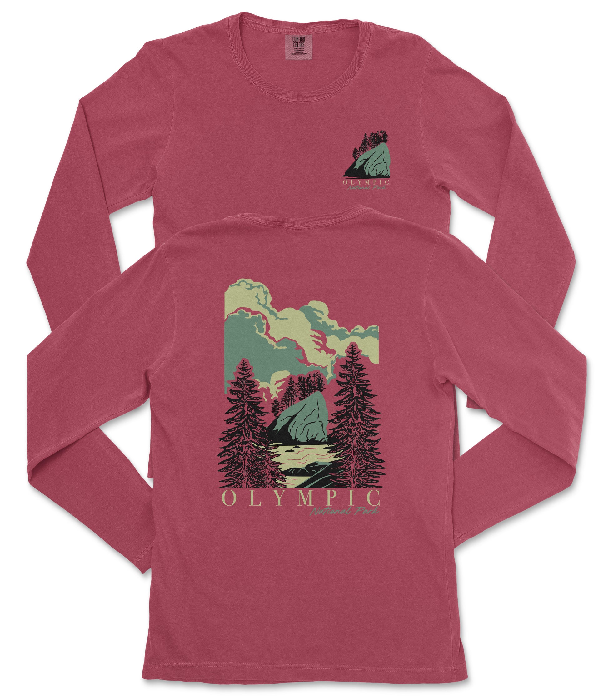 A red long-sleeved t-shirt with a graphic design depicting a mountain landscape and the text "OLYMPIC" printed on it.