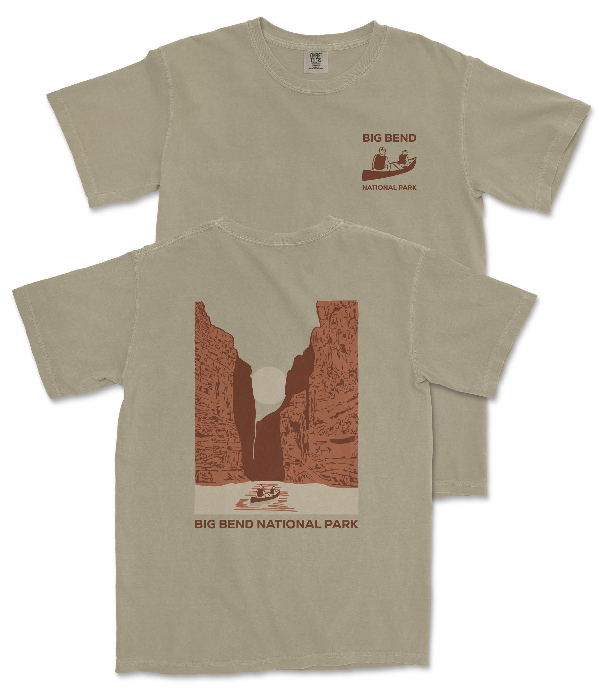 a beige t-shirt with a graphic design depicting a canyon or rock formation, along with text that reads "Big Bend National Park".