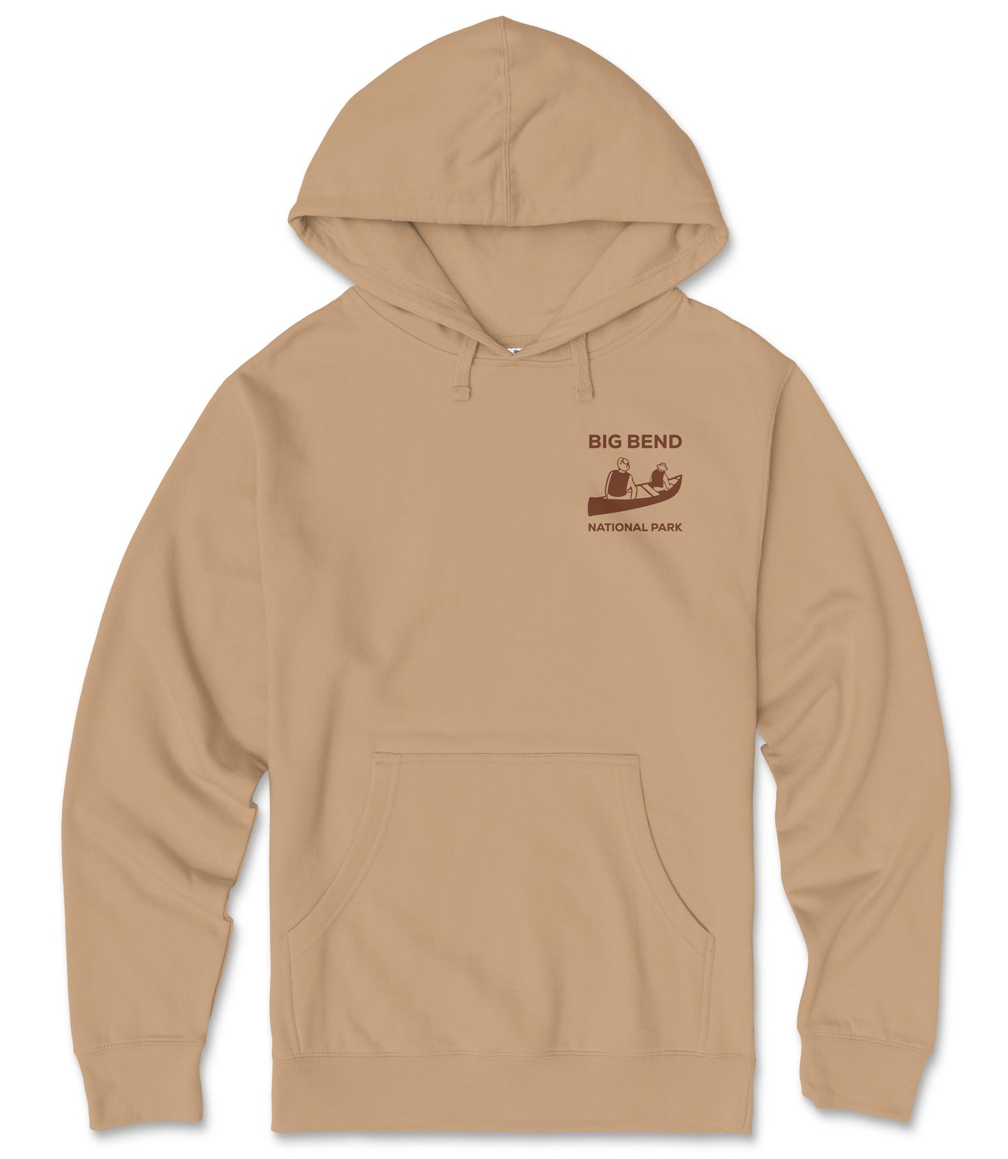A beige hooded sweatshirt with a graphic design on the front, depicting a canoe and the text "BIG BEND NATIONAL PARK".