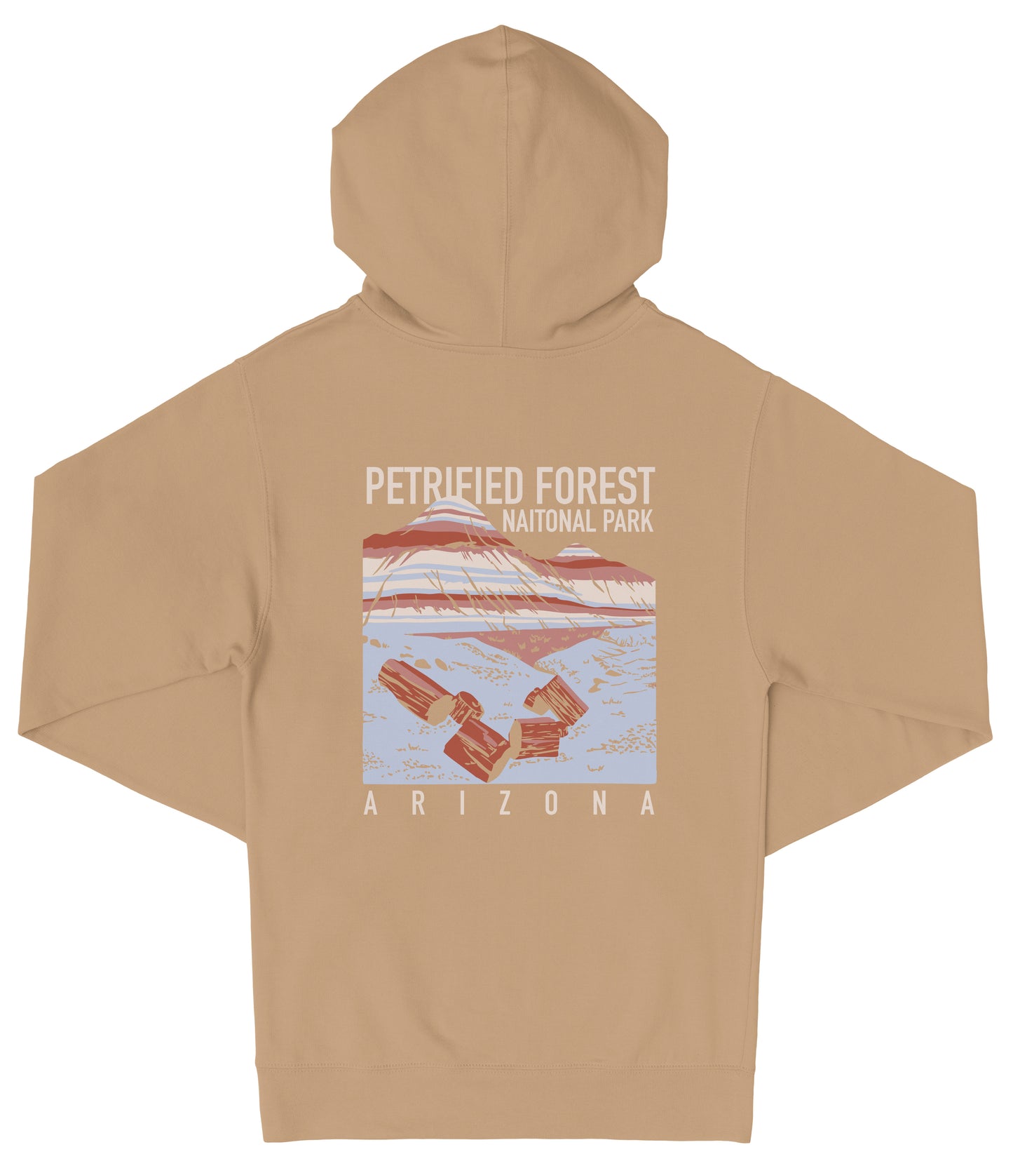 A beige hooded sweatshirt with a graphic design depicting a scenic landscape, including a mountain range and a body of water. The text on the back of the sweatshirt reads "PETRIFIED FOREST NATIONAL PARK ARIZONA".