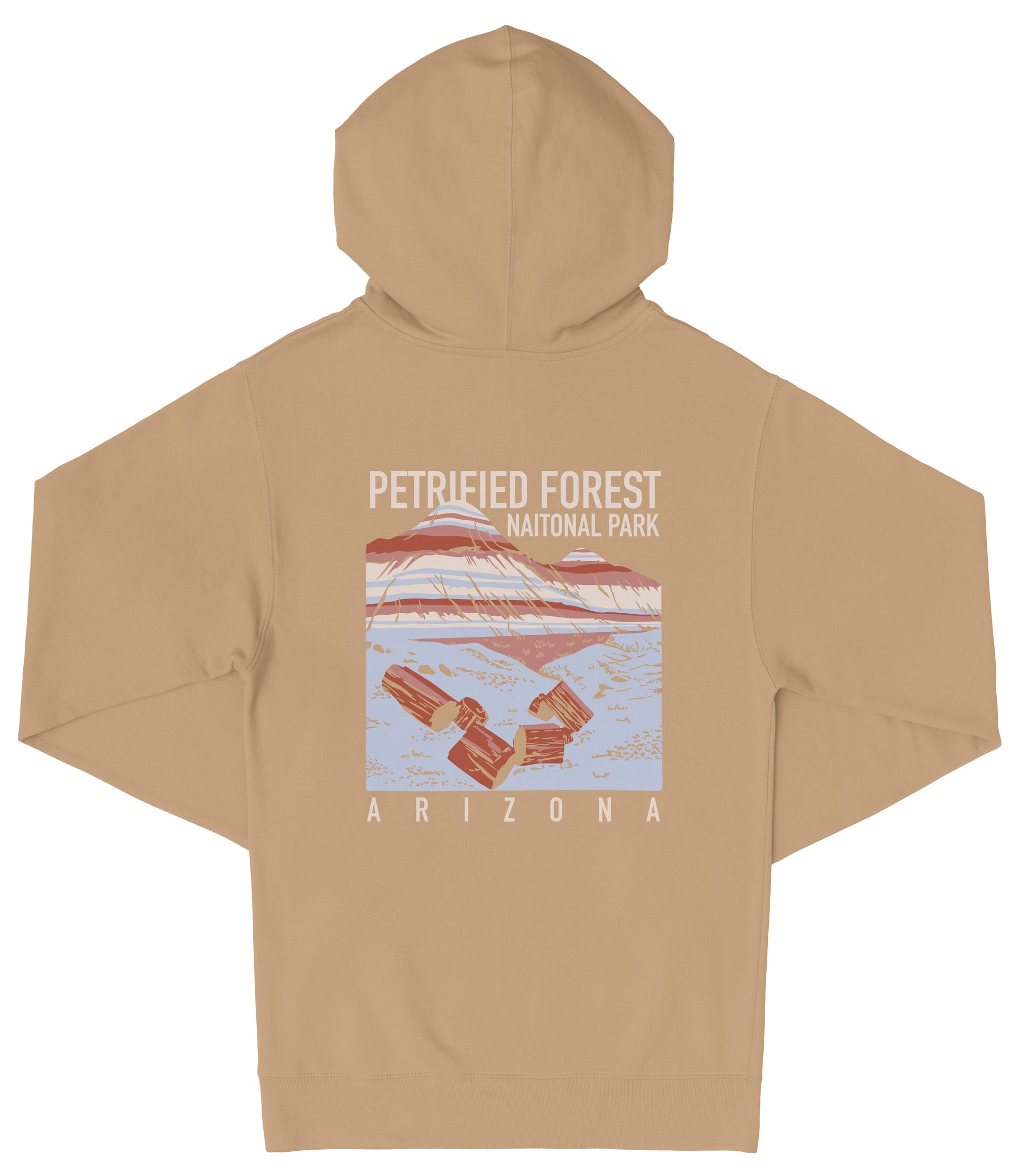 A beige hooded sweatshirt with a graphic design depicting a scenic landscape, including a mountain range and a body of water. The text on the back of the sweatshirt reads "PETRIFIED FOREST NATIONAL PARK ARIZONA".
