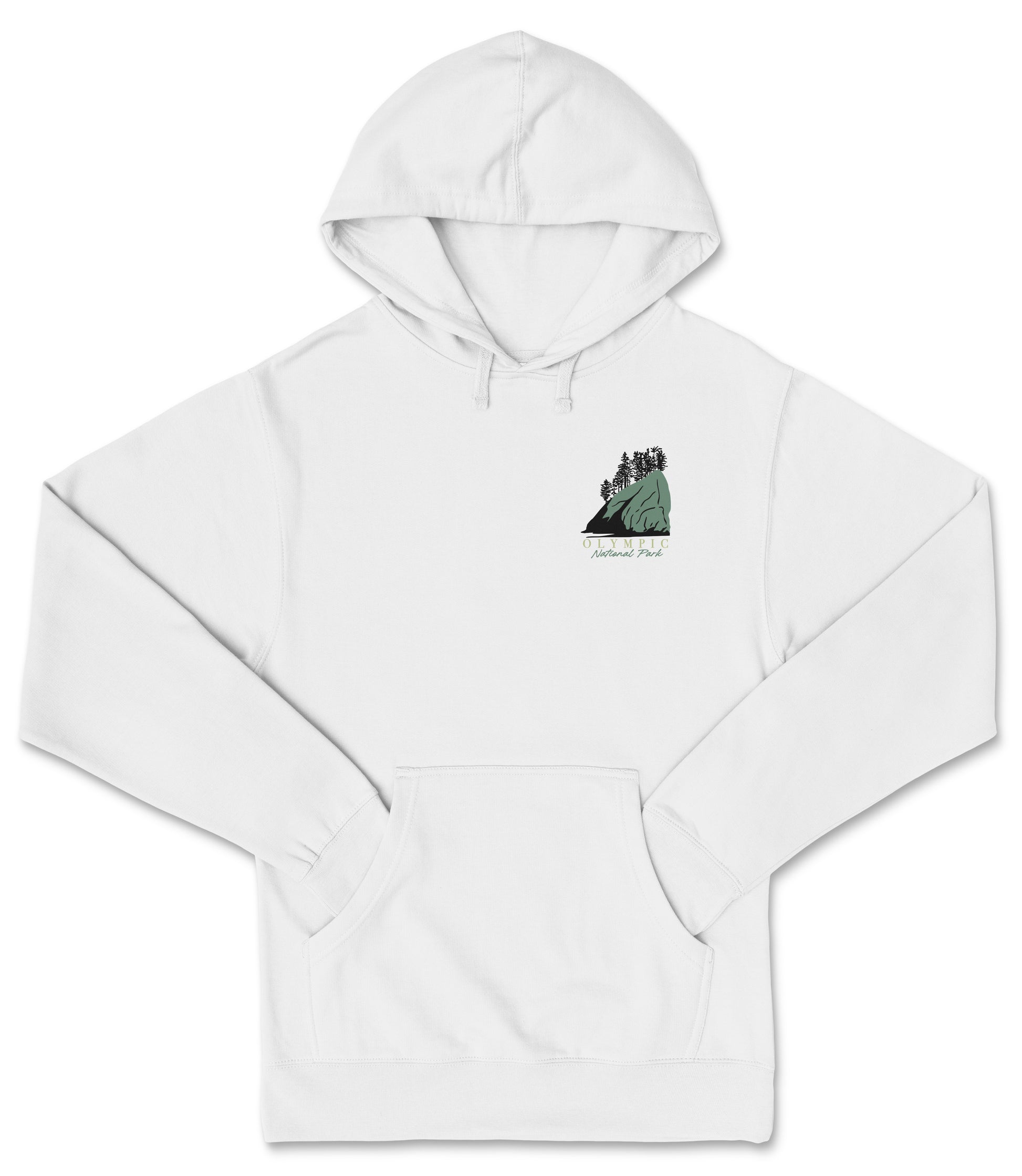A white hoodie with a graphic design on the front pocket.