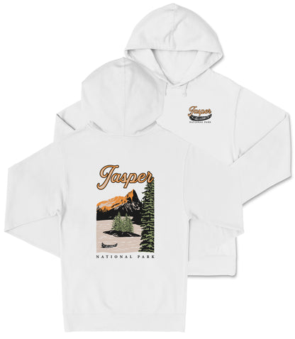 A white hooded sweatshirt with a graphic design depicting a scenic landscape with mountains, pine trees, and a lake.
