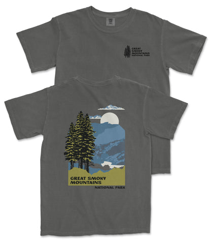 a gray t-shirt with a graphic design depicting a mountain landscape with pine trees, a full moon, and clouds. The text on the t-shirt reads "GREAT SMOKY MOUNTAINS NATIONAL PARK".