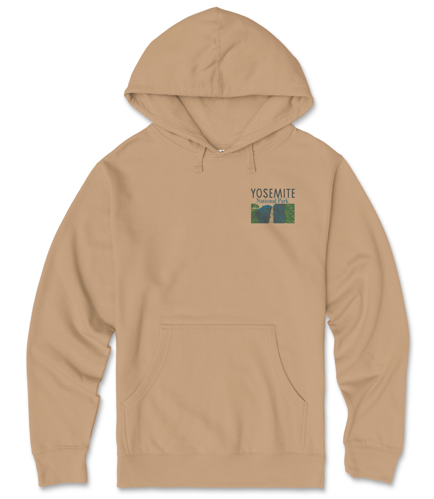 A beige hooded sweatshirt with a graphic design on the front, featuring a mountain landscape and the text "YOSEMITE" printed on it.