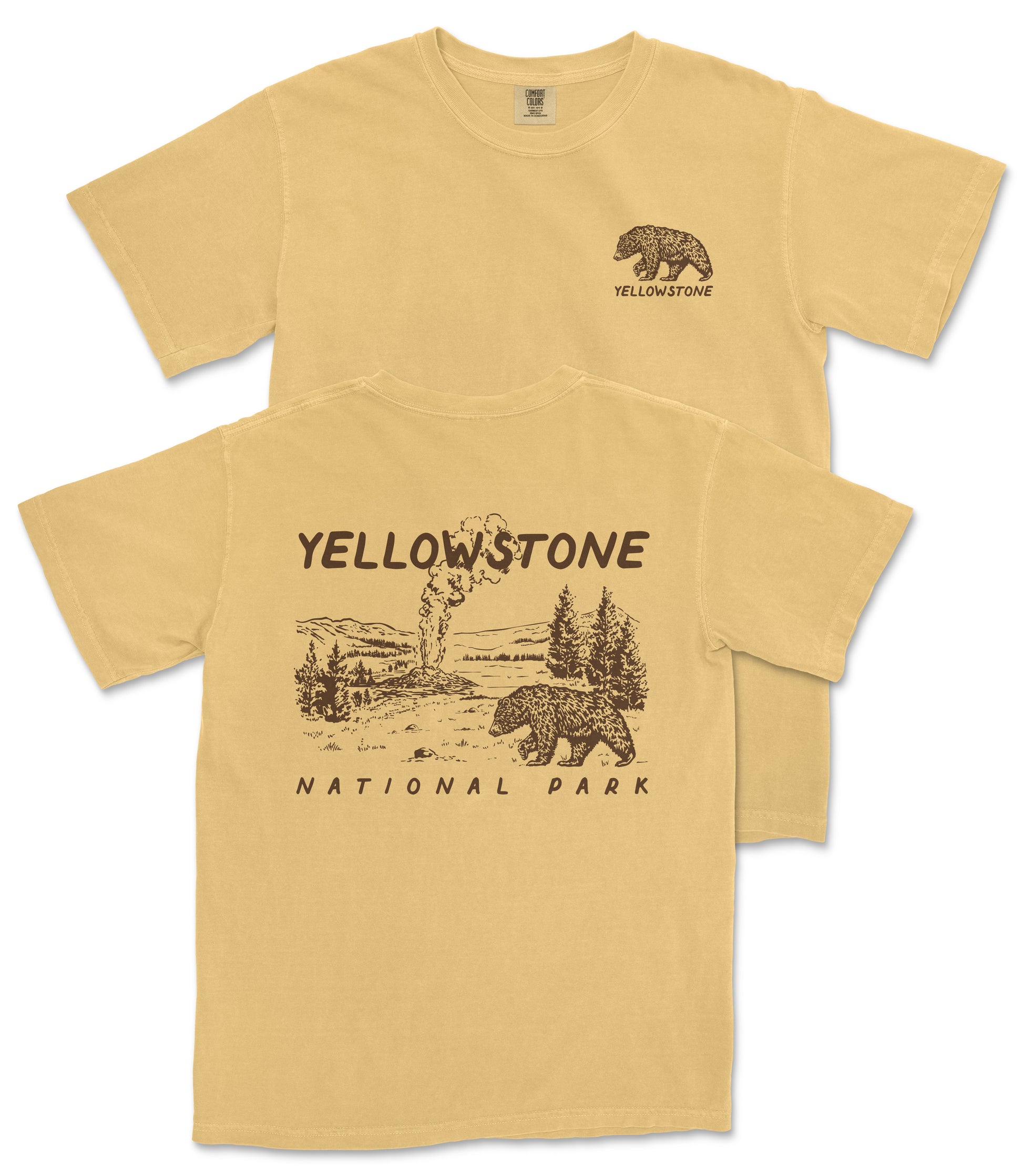 A yellow t-shirt with a graphic design depicting a bear and a landscape, along with the text "Yellowstone National Park" printed on it.
