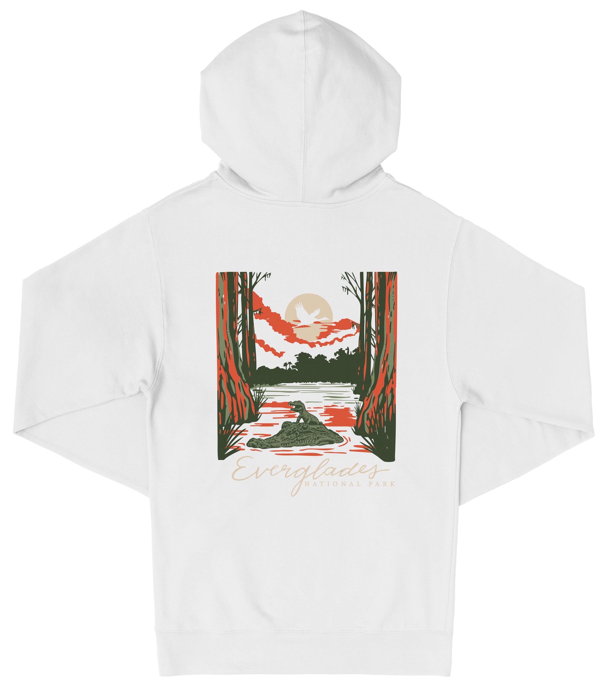 A white hooded sweatshirt with a graphic design depicting a sunset over a body of water, surrounded by trees and foliage.