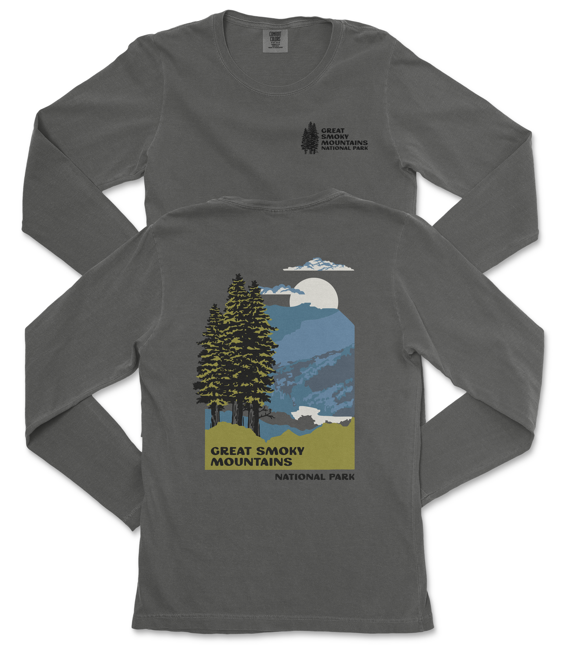 a gray long-sleeve t-shirt with a graphic design depicting a mountain landscape with pine trees, a full moon, and clouds. The text on the t-shirt reads "Great Smoky Mountains National Park".