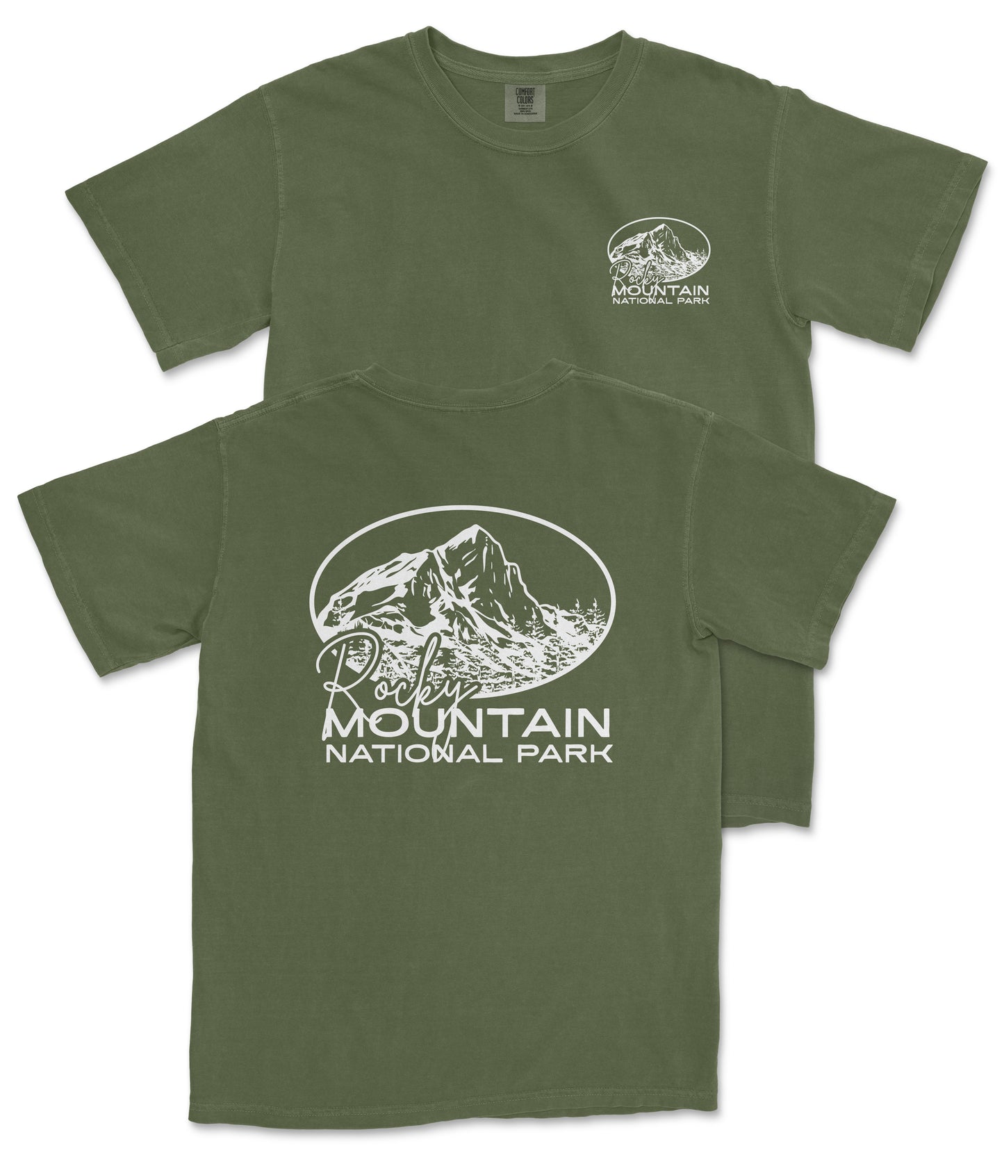 A green t-shirt with white text and graphics printed on it, depicting a mountain landscape.